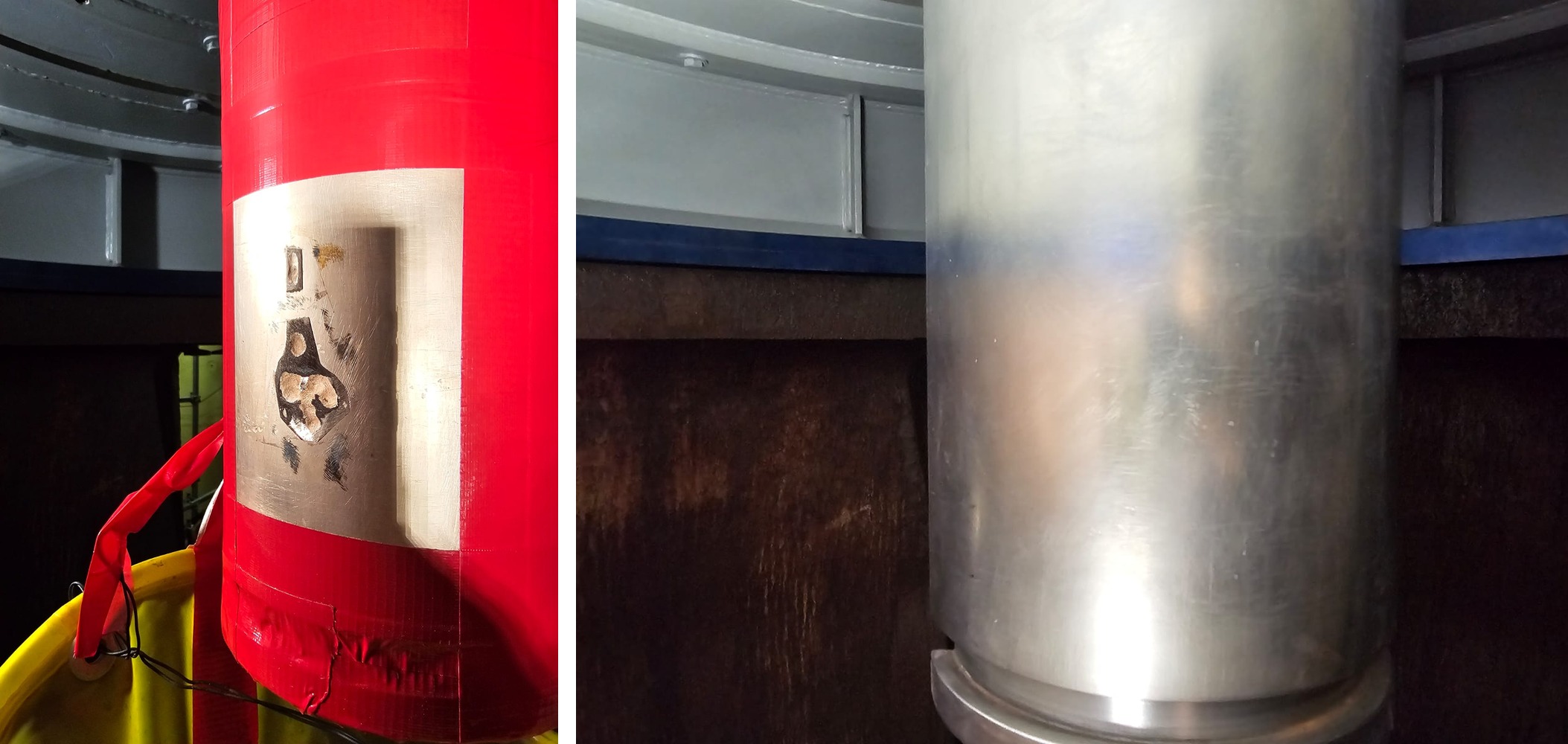 Damaged shaft area before brush plating repair, beside the finished restored surface