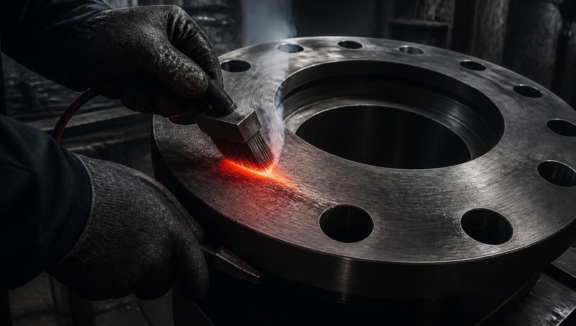 Technician applying brush plating to a steel flange